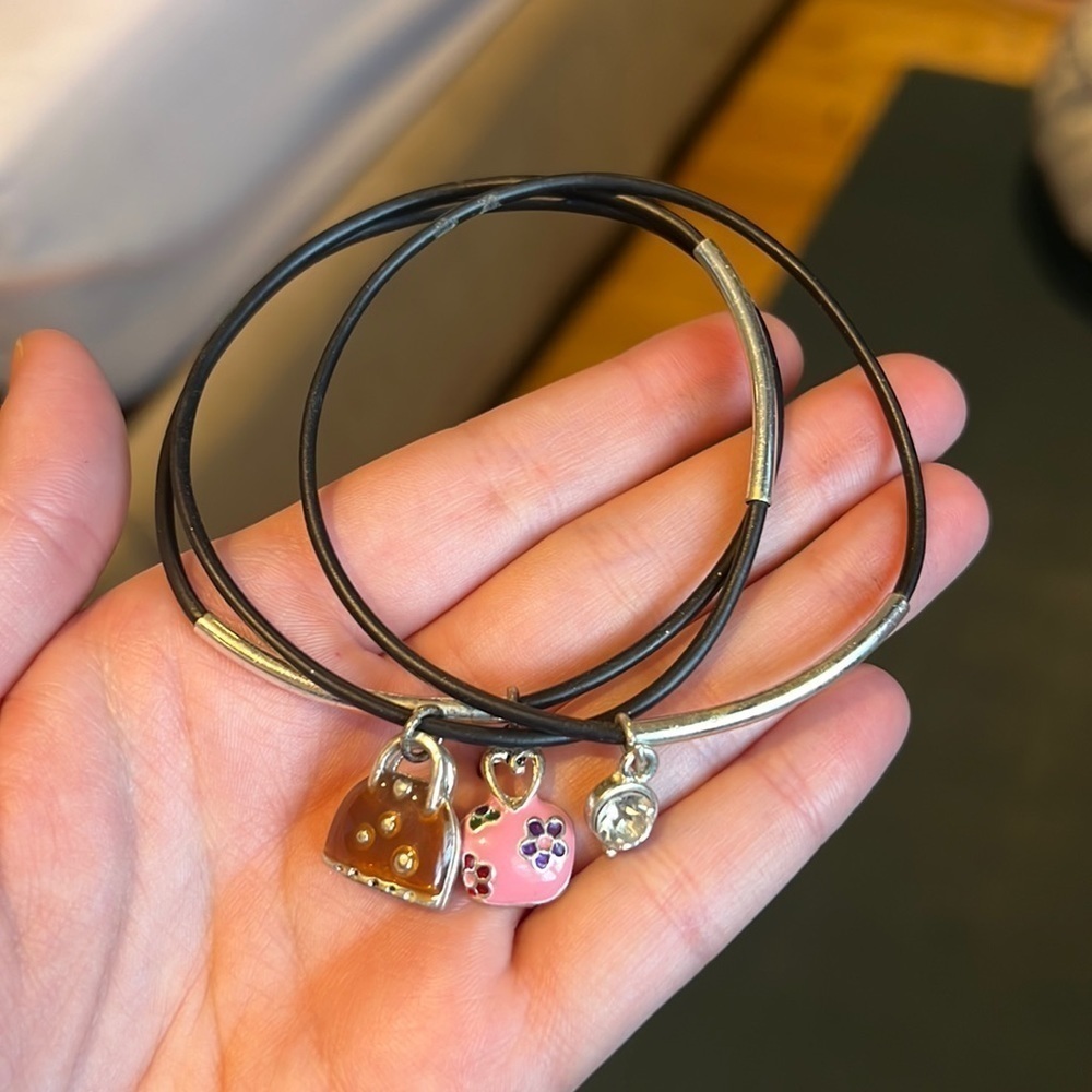 Purse Charm Bracelet Set | 3 Stackable Bangles with Pink Charms
